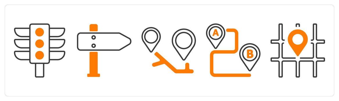 A set of 5 mix icons as traffic signal, arrow direction, location in orange color vector