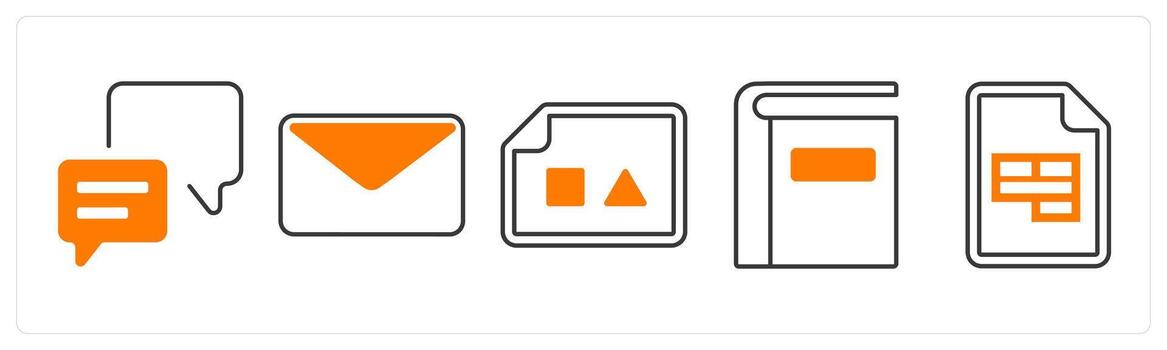 A set of 5 mix icons as message, email, image document in orange color vector