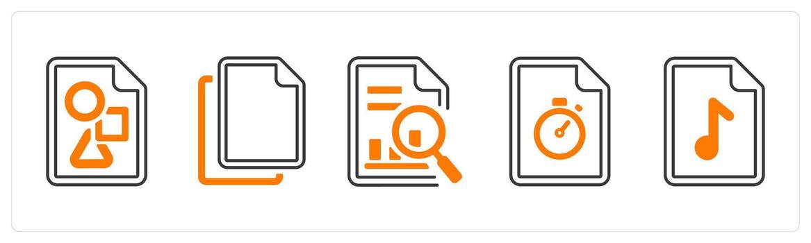 A set of 5 mix icons as project document, duplicate, data search in orange color vector