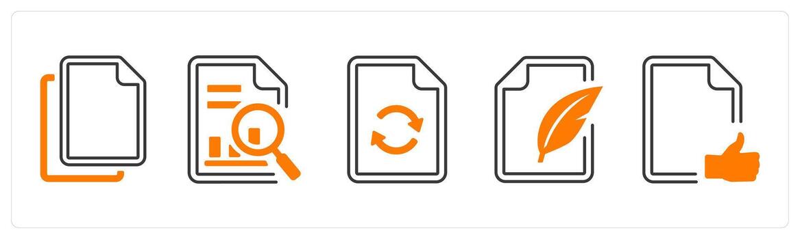 A set of 5 mix icons as duplicate, data search, update in orange color vector