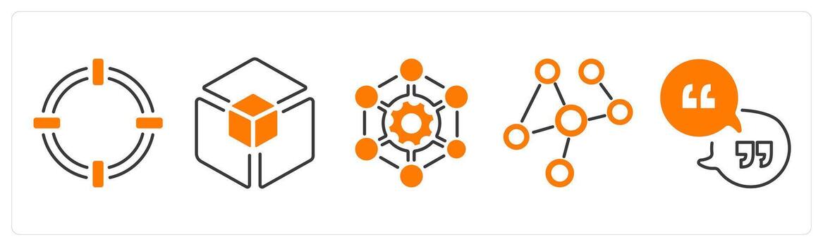 A set of 5 mix icons as telepresence, 3d model, framework in orange color vector