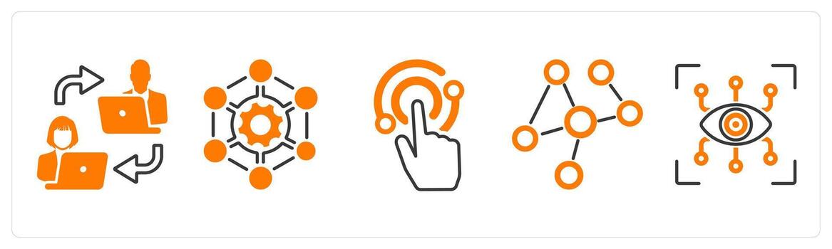 A set of 5 mix icons as communication, framework, interaction in orange color vector