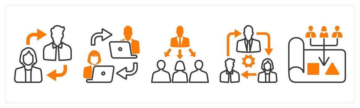A set of 5 mix icons as coordination, network, trainer in orange color vector