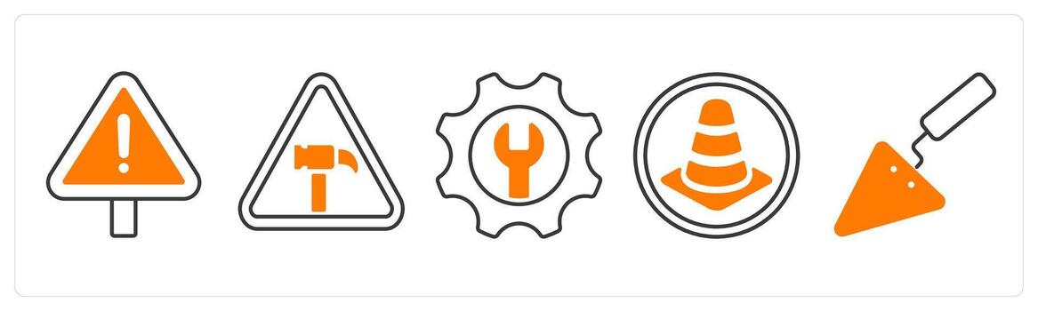 A set of 5 mix icons as alert, hammer, tools in orange color vector