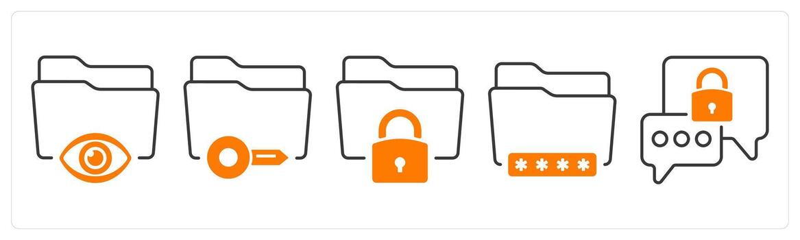 A set of 5 mix icons as private folder, folder key, secured folder in orange color vector