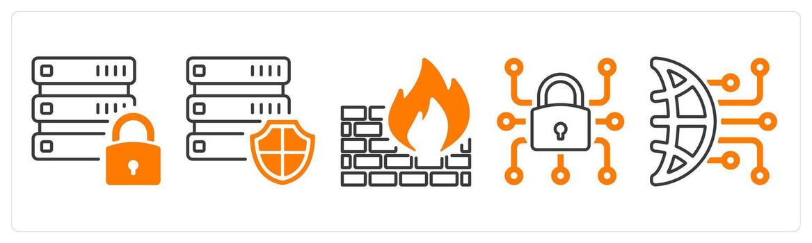 A set of 5 mix icons as database security, firewall, data lock in orange color vector