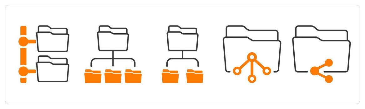 A set of 5 mix icons as folder tree, subfolder, share folder in orange color vector