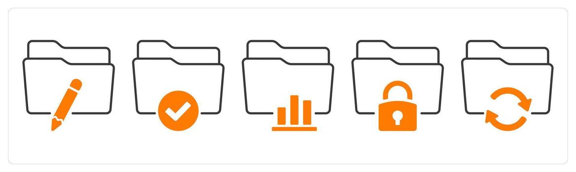 A set of 5 mix icons as edit folder, folder access, statistics in orange color vector