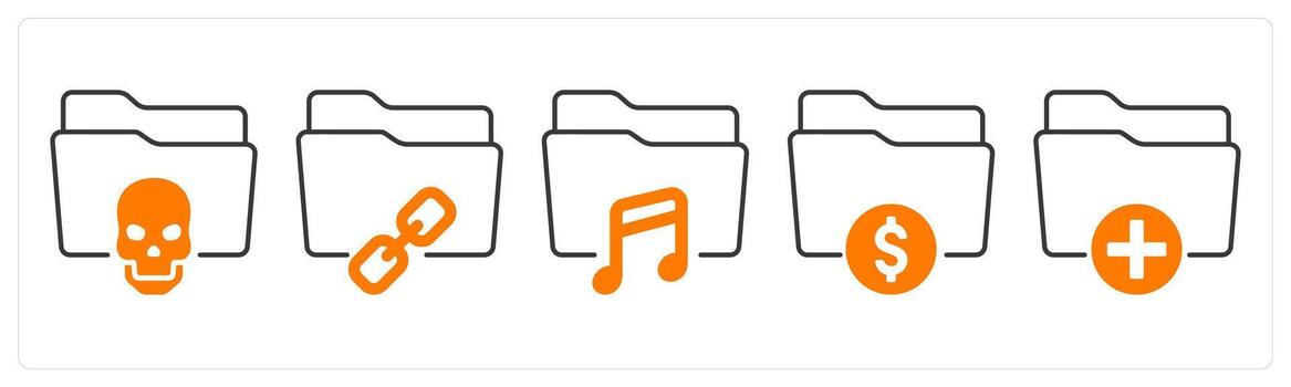 un conjunto de 5 5 mezcla íconos como confidencial carpeta, enlace carpeta, música carpeta en naranja color vector