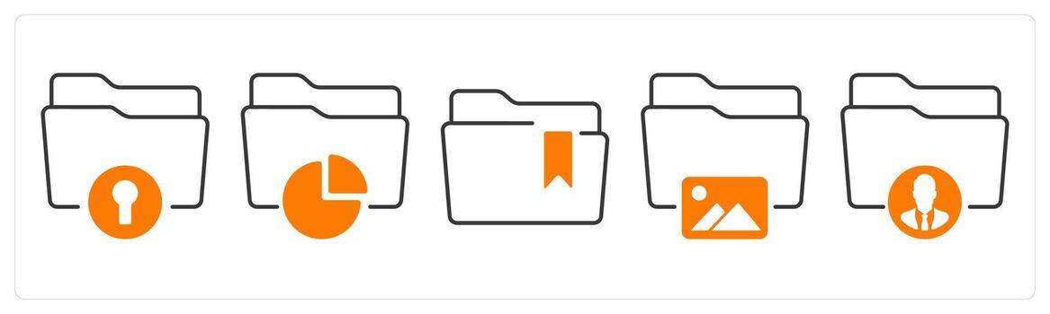 A set of 5 mix icons as secured folder, data folder, bookmark folder in orange color vector
