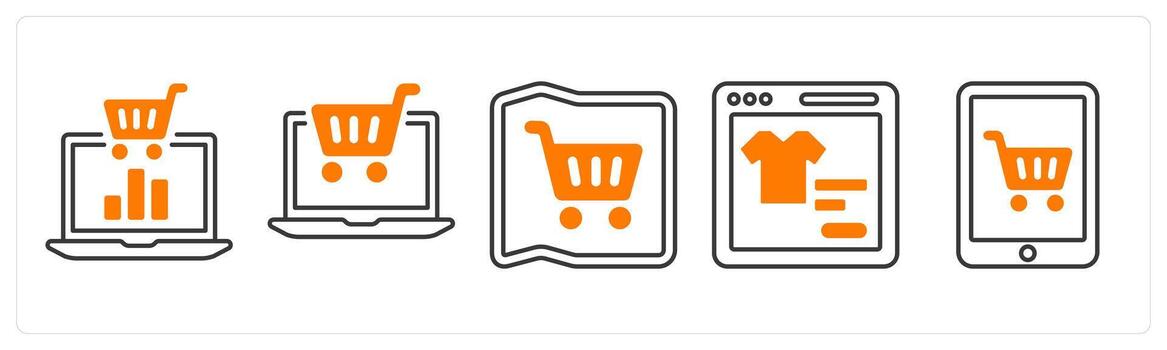 A set of 5 mix icons as ecommerce statistics, ecommerce, store address in orange color vector