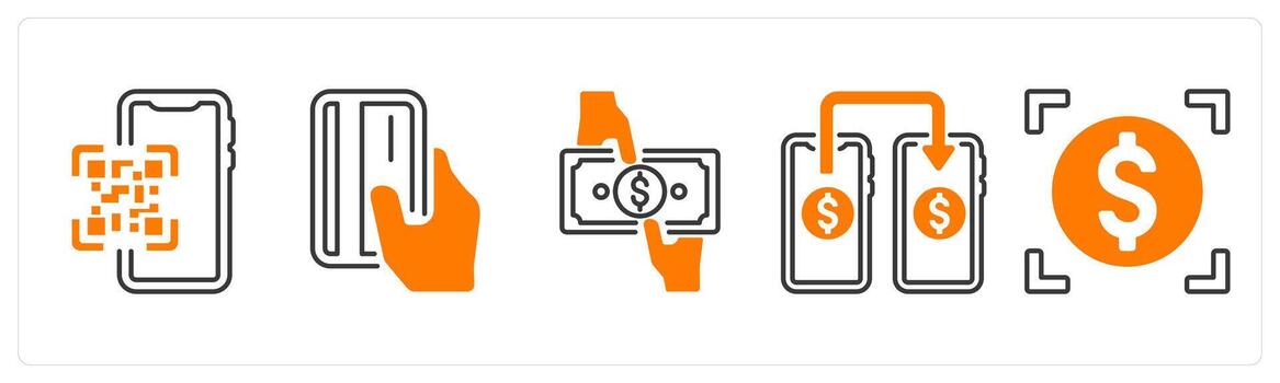 un conjunto de 5 5 mezcla íconos como qr código, tarjeta pago, moneda en naranja color vector