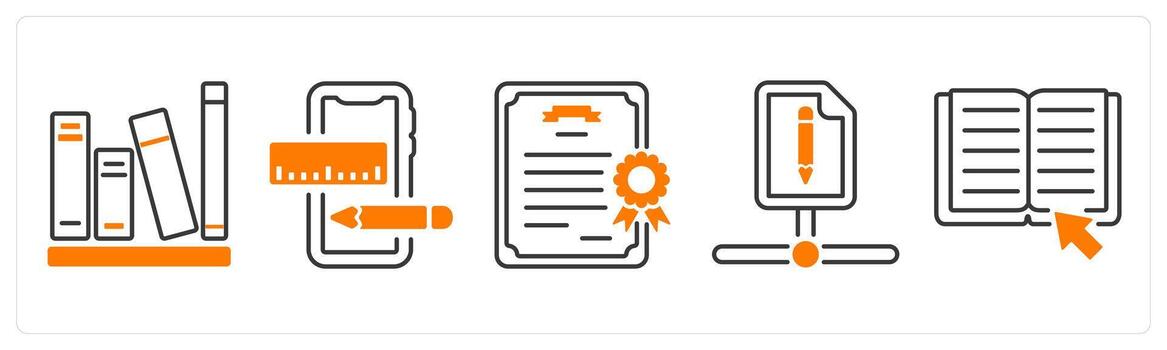 A set of 5 mix icons as library, graphic, certificate in orange color vector