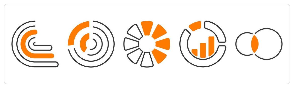 A set of 5 mix icons as comparison, pie chart, percentage segment in orange color vector