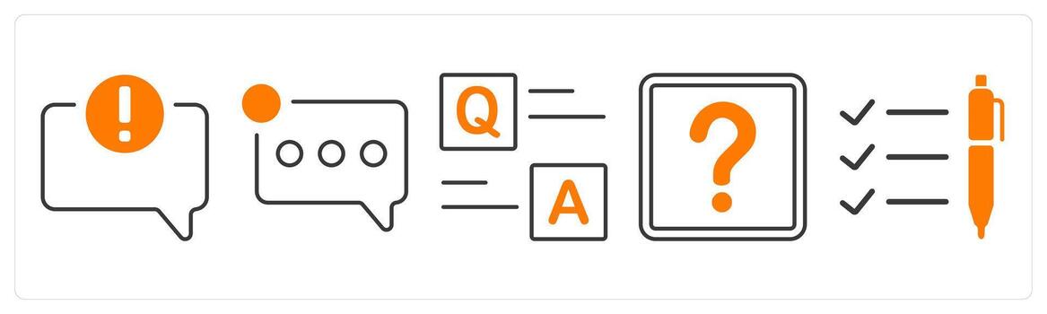 A set of 5 mix icons as error in comment, notification, questionnaire in orange color vector