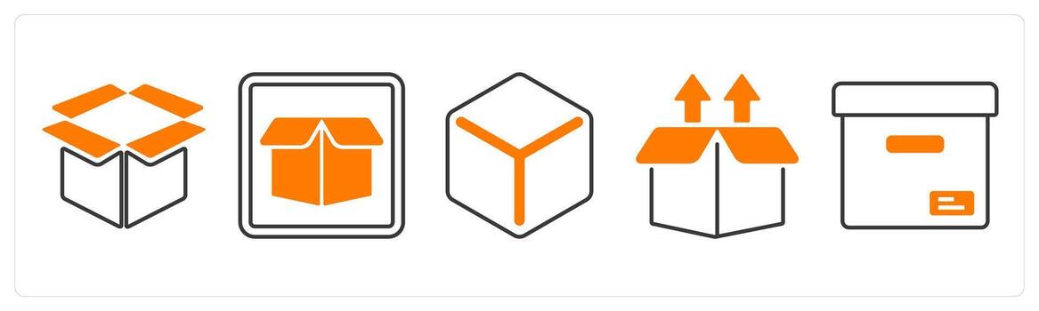 A set of 5 mix icons as box, drop box, upload box in orange color vector