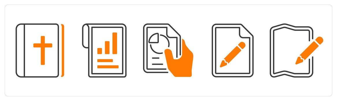 A set of 5 mix icons as holybook, performance, pie chart in orange color vector