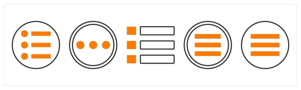 A set of 5 mix icons as bullet list, menu, list in orange color vector