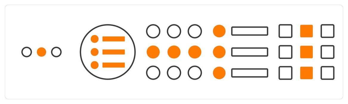 A set of 5 mix icons as dots, bullet list, dots grid in orange color vector