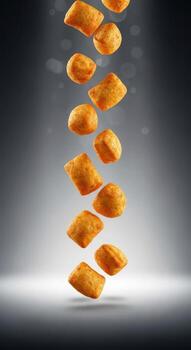 A cascade of goldenbrown crispy snacks in various shapes falls against a dark subtly lit studio background photo