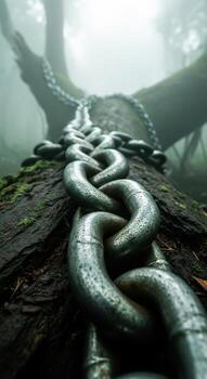 un grueso metal cadena envuelto alrededor un grande árbol maletero en niebla foto