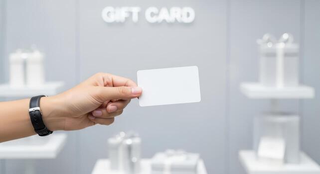 Hand holding a blank gift card in front of a store display photo