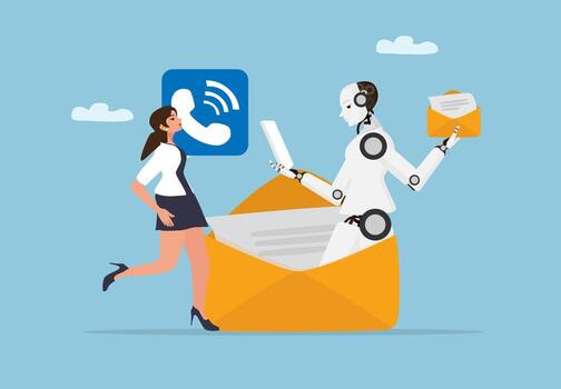 Robot Assisting Digital Communication and Email Service. Artificial Intelligence Supporting Human Interaction. vector