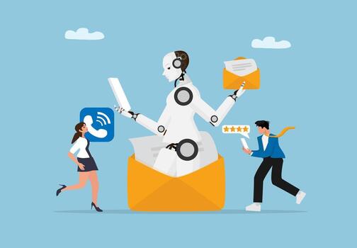 Artificial Intelligence Email Automation Concept. Robot Assisting Digital Communication and Customer Interaction vector