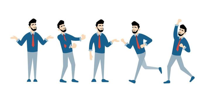 Businessman character set showing a range of expressive poses thinking, arguing, explaining, walking, and celebrating. Ideal for corporate illustrations. vector