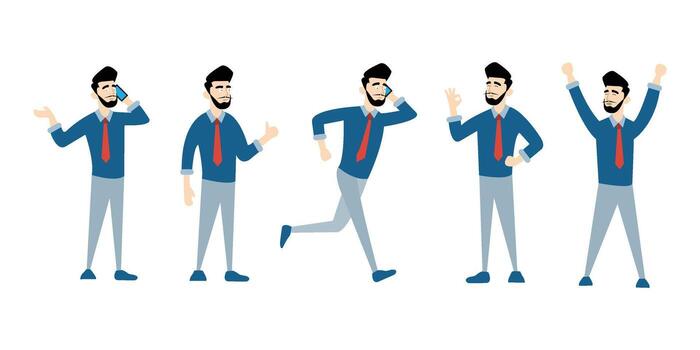 character set of a confident businessman with beard in various action poses phone call, walking, hand gesture, showing approval, and cheering vector