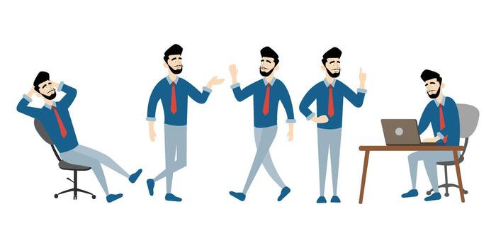 Office character set of a businessman sitting relaxed, talking, explaining, and working on laptop. Great for presentations, marketing, and corporate content. vector