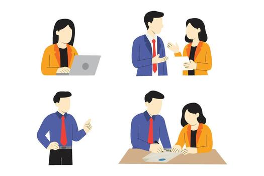 Business teamwork concept illustration showing professionals discussing, working on laptops, and signing contracts in an office environment. vector