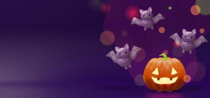 adorable 3d Víspera de Todos los Santos bandera presentando linda púrpura murciélagos volador alrededor un brillante jack-o'-lantern. juguetón diseño es Perfecto para estacional invitaciones, web encabezados, o social medios de comunicación publicaciones vector