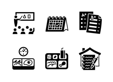 Classroom Teaching, Timetable, Report Card, Lunch Box, Homework Solid Icons vector