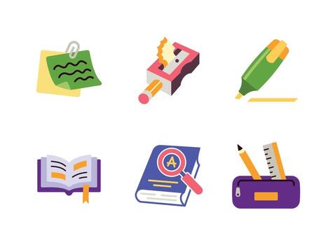 Sticky Note, Pencil Sharpener, Highlighter Pen, Learning, Dictionary Flat Color Icons vector