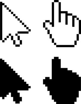 Mouse cursor and hand pointer icon set in pixel style vector