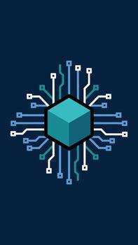 A futuristic microchip with interconnected circuits and a cube vector