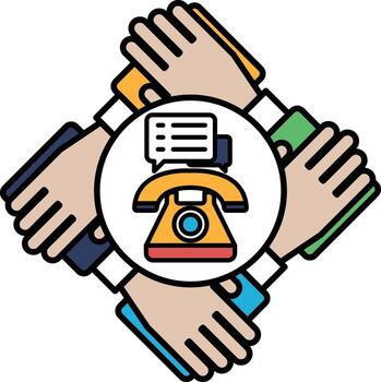 A group of hands holding a phone with a red dial vector