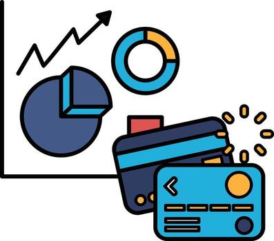 A graph with a line going up and a pie chart with a blue circle and a red arrow vector