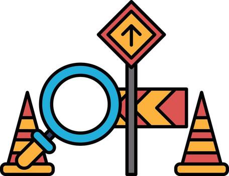 A sign with a magnifying glass and a red arrow pointing up vector