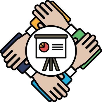 A hand is holding a projector screen with a red and green pie chart vector