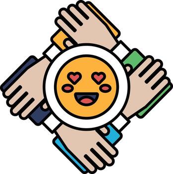 un sonriente cara con un corazón en eso es rodeado por cuatro manos vector