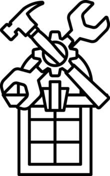 A black and white drawing of a toolbox with a hammer, wrench, and screwdriver vector