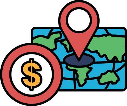 A map with a red pin on it and a dollar sign vector