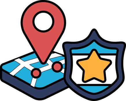A map with a red pin on it and a star next to a shield vector