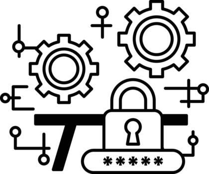 A black and white image of a lock with a key and a series of gears vector