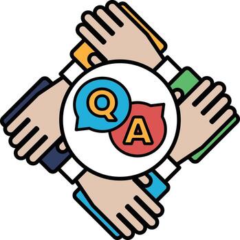 A group of hands holding a QA symbol vector