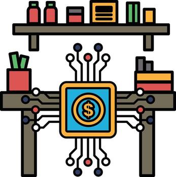A computer monitor with a dollar sign on it sits on a wooden desk vector