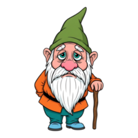 desenho animado gnomo com uma grandes barba e uma bengala png