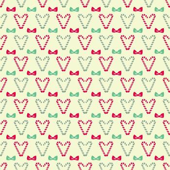 A delightful seamless pattern featuring alternating rows of candy cane hearts in red and mint green, adorned with matching bows vector